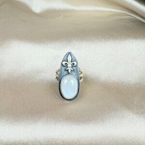 Handmade Oval Rainbow Moonstone Silver Ring Fleur-de-Lis Design Jewelry Size 6.5